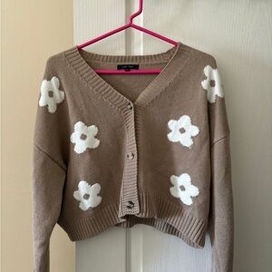 Brown and white floral cropped cardigan